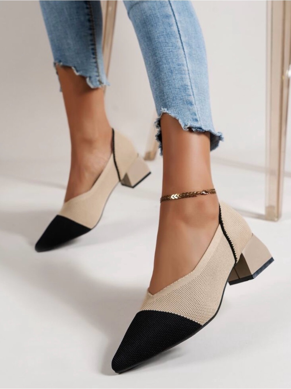 Beige and Black Two-Tone Block Heel Pumps - Women Shoes